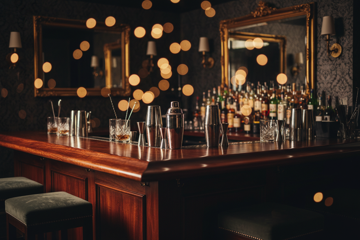 dark moody home bar interior, wooden bar counter, soft warm bokeh lights, cocktail tools on counter, premium atmosphere, wide banner, photorealistic, high resolution
